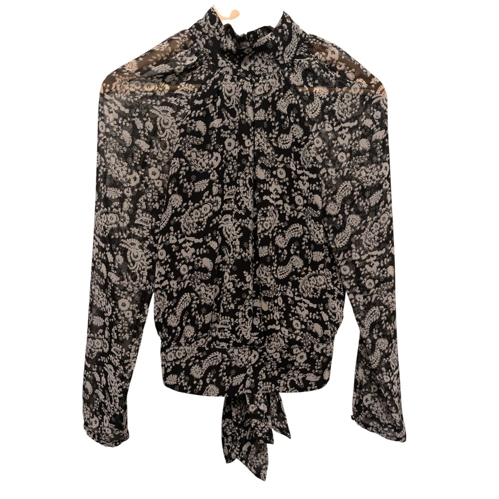 Rebecca Minkoff Floral Paisley High Neck Tie Back Blouse Sheer Back Chic Boho